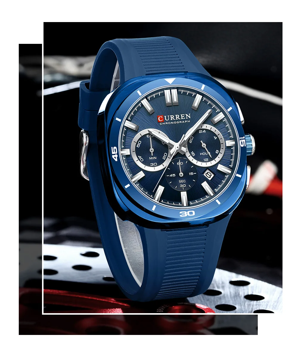 CURREN Herren Luxus-Sportuhr Chronograph Quarz-Armbanduhr mit Silikonarmband Leuchtende Zeiger Relógio Masculino – Detail 12