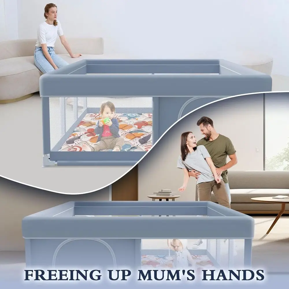 50 Grey Baby Playpen with Mat, Safe Indoor/Outdoor Play Center for Infants & Toddlers, Breathable Mesh & Skin-Friendly Fabric