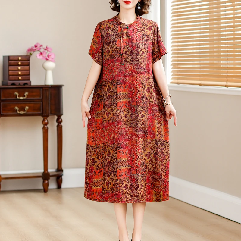 فساتين صيفية جديدة لعام 2025 للنساء برقبة دائرية فستان شاطئ بوهو مطبوع عليه زهور فستان صيفي طويل بأكمام قصيرة