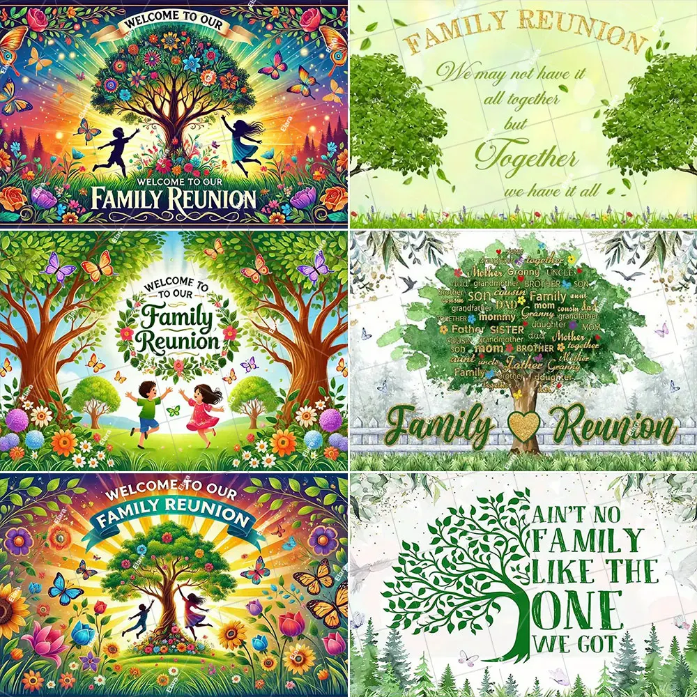 

Family Reunion Theme Welcome to Our Family Members Party Decoration Green Family Tree Reunion Photography Background Props