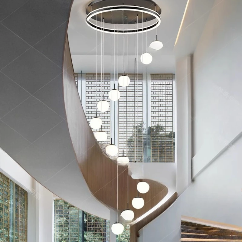 

Stairs long chandelier duplex building atmosphere light luxury villa empty living room chandelier modern simple loft apartment