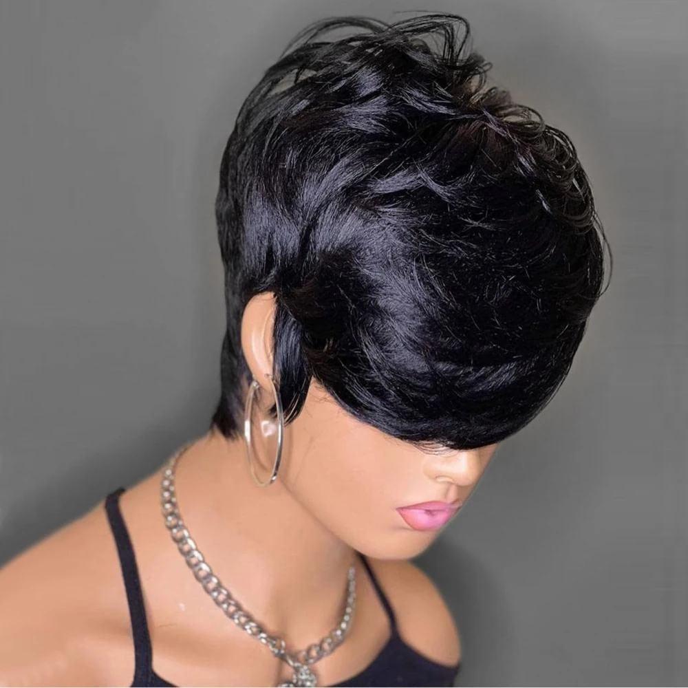 ショートピクシーカットウィッグ人毛ウィッグ女性用ウィッグ前髪付きレイヤードウェーブのかかったフルマシンメイドウィッグ