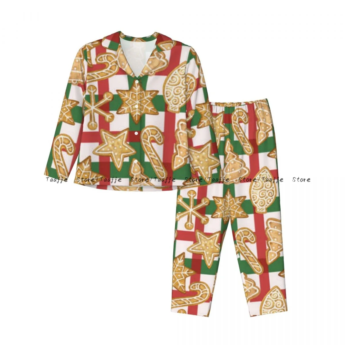 Women Sleepwear Pajamas Christmas Gingerbread Pattern Long Sleeve Pijama Female Set Negligee Cardigan Suit