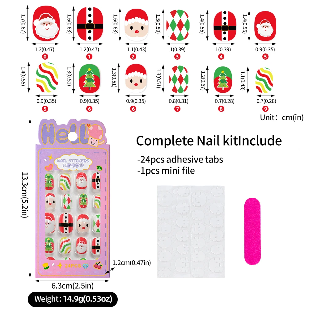 24pcs/Box Cartoon Christmas Series Press on Nails Nail Tips Santa Claus Snowman Fake Nail Tips Nail Art Decorations Grils Gifts