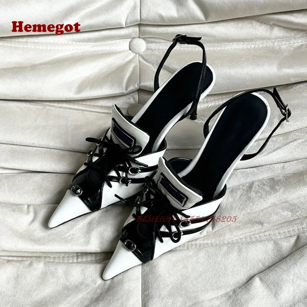 Red White Lace-Up Slingback Pumps Pointed Toe Thin Heel Buckle Women\'s Sandals 2024 Patchwork Mixed Color Party Shoes Luxury