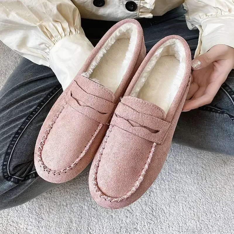 2024 Winter Women Shoes Non-Slip Bottom Warm Women Oxford Loafers Comfortable Flats Short Flock Sewing Casual Loafers