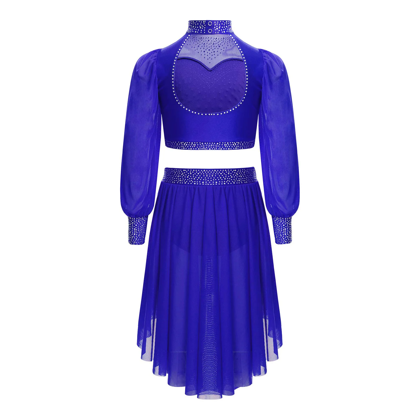 Girls Lyrical Modern Dance Outfit Figure Skating Costume Sheer Mesh Long Sleeves Cutout Back Crop Top with Skirt Performance Set