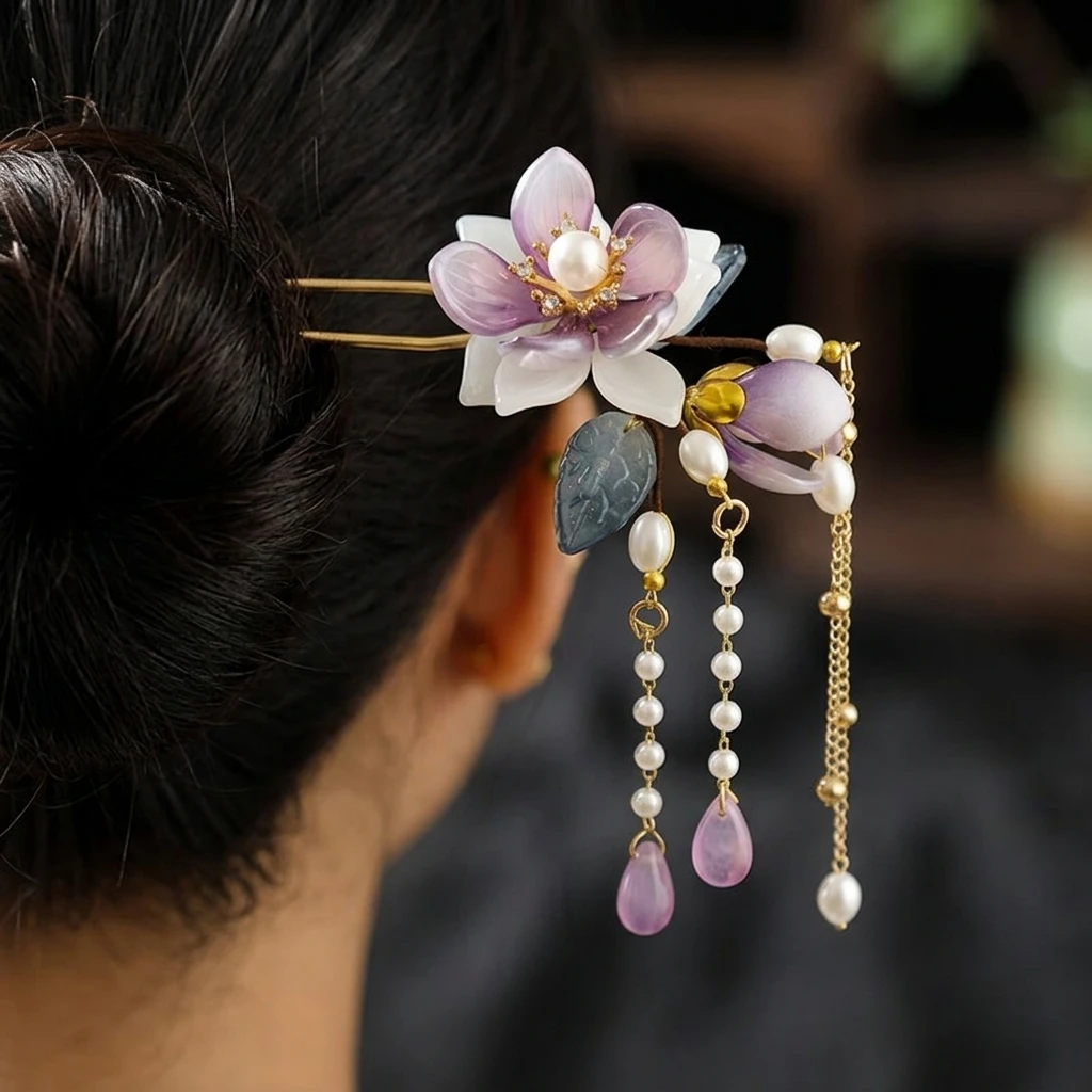 Alloy U Shaped Hair Pin With Orchid Flower Decor Smooth Hand Polished Updo Stick For Hanfu Qipao Wedding Festival Women view 2