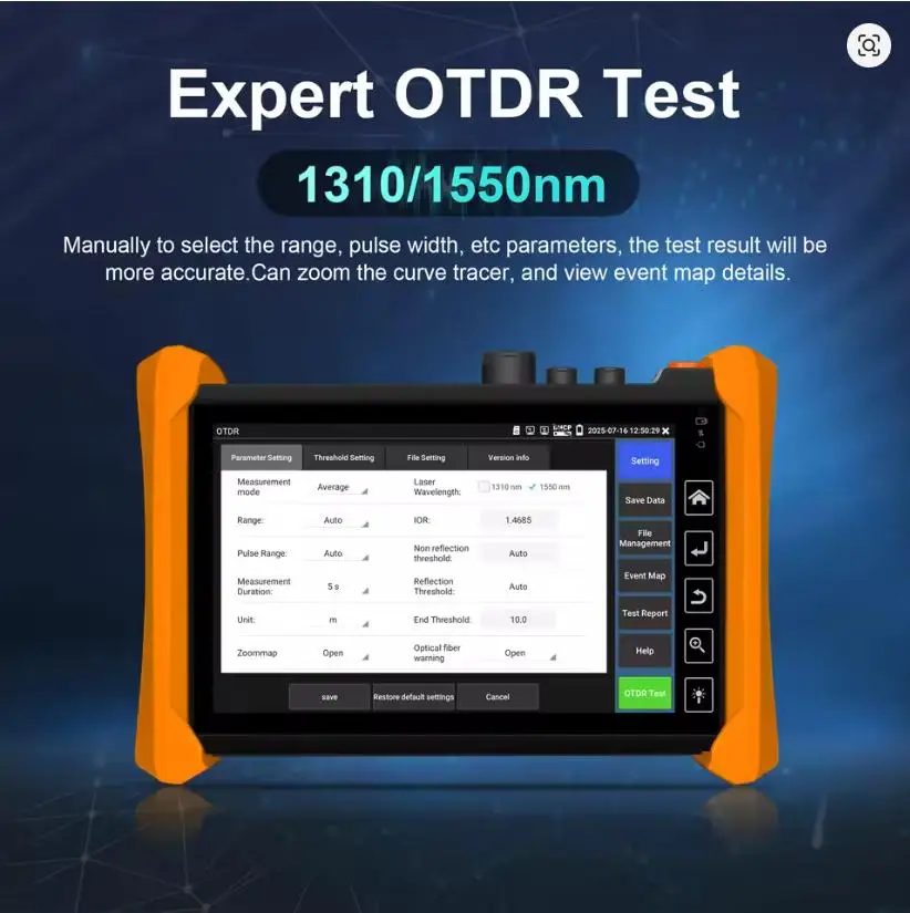 WANGLU-다기능 광섬유 OTDR 테스터, 7인치 광 반사계 MOT-73 1310/1550nm 1610nm, 이벤트 맵(OPM) 포함
