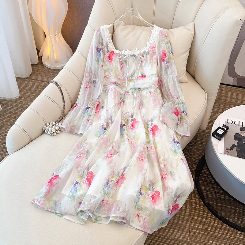 

150Kg Plus Size Dress Women Bust 143 Summer Loose Long Sleeved Pirint Floral Dress 5XL 6XL 7XL 8XL 9XL