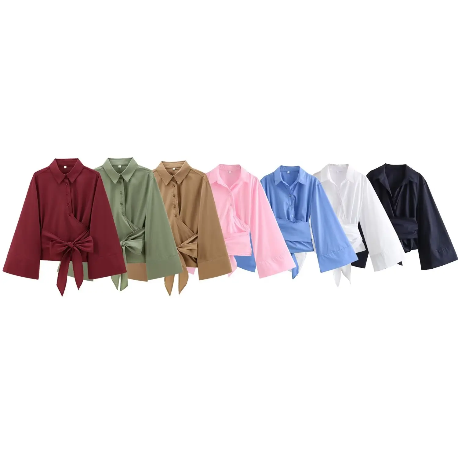 Zach Ailsa Autumn/Winter New Women\'s Loose Casual Versatile Polo Collar Long Sleeve Double Flap Poplin Shirt