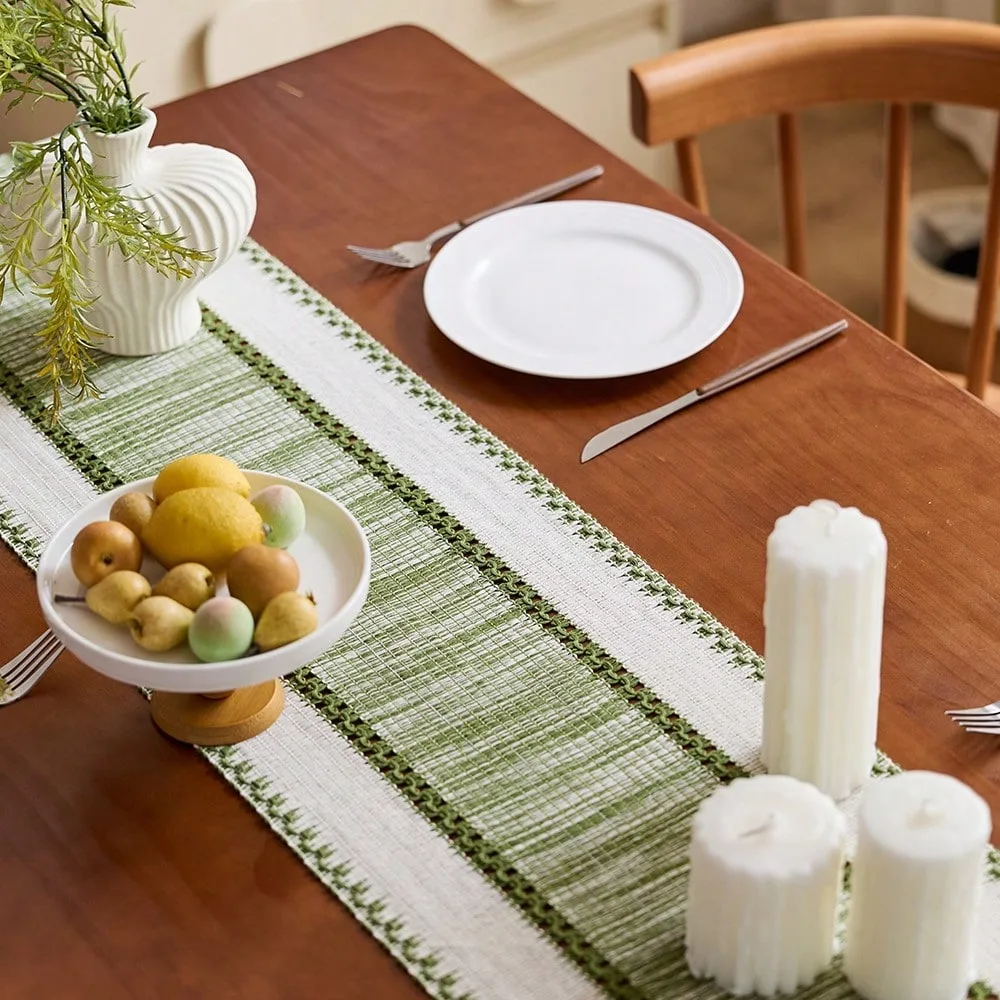 Grüner Boho Gestreifter Tischläufer - Handgewebte Quasten, Ideal für Frühlingstische, Runde Couchtische & Rustikale Heimdekoration – Detail 18