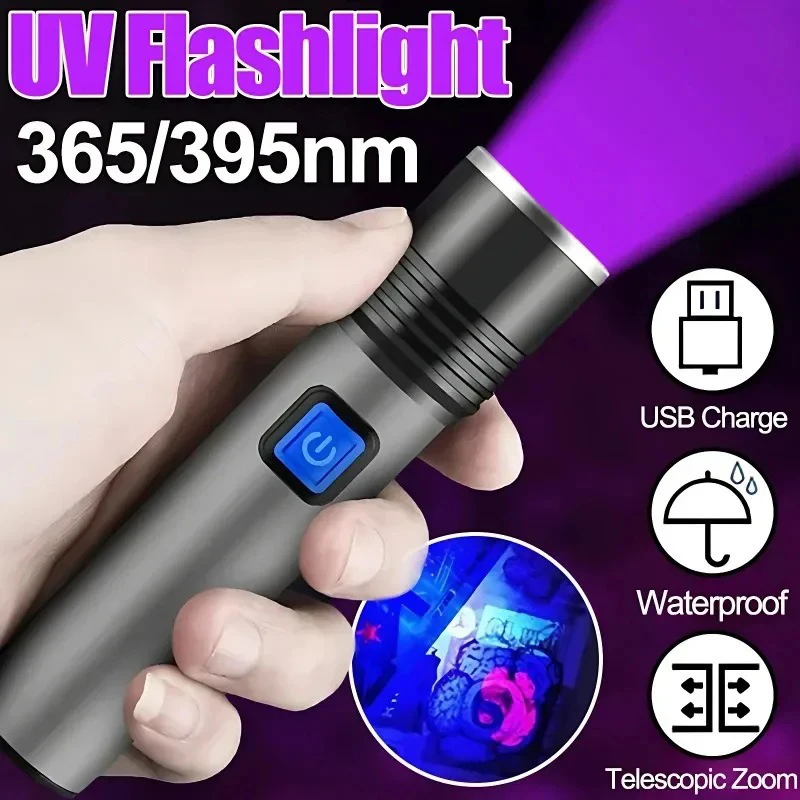 USB Rechargeable UV Flashlight for Pet Urine Detection, Resin Cured, Black Light Zoom, 395nm