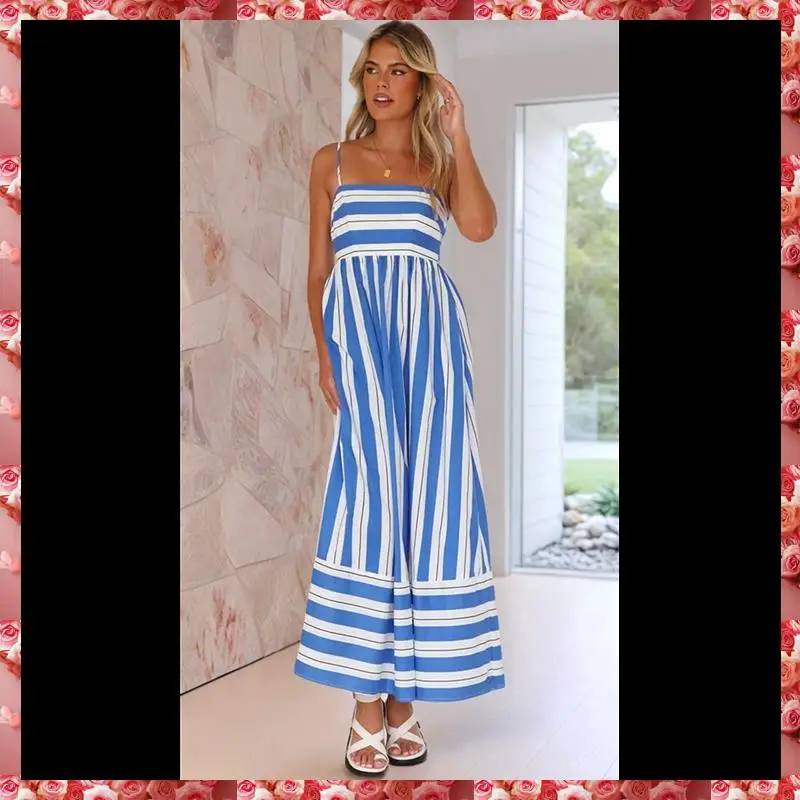 Robe longue smockée au dos rayé pour femme, bretelles spaghetti découpées, robe longue trapèze fluide