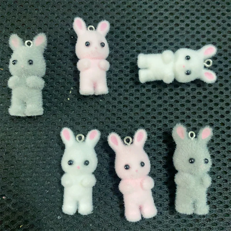 New arrived 30pcs/lot color flocking animals cartoon rabbits shape resin beads with hanger diy jewelry pendant accessory