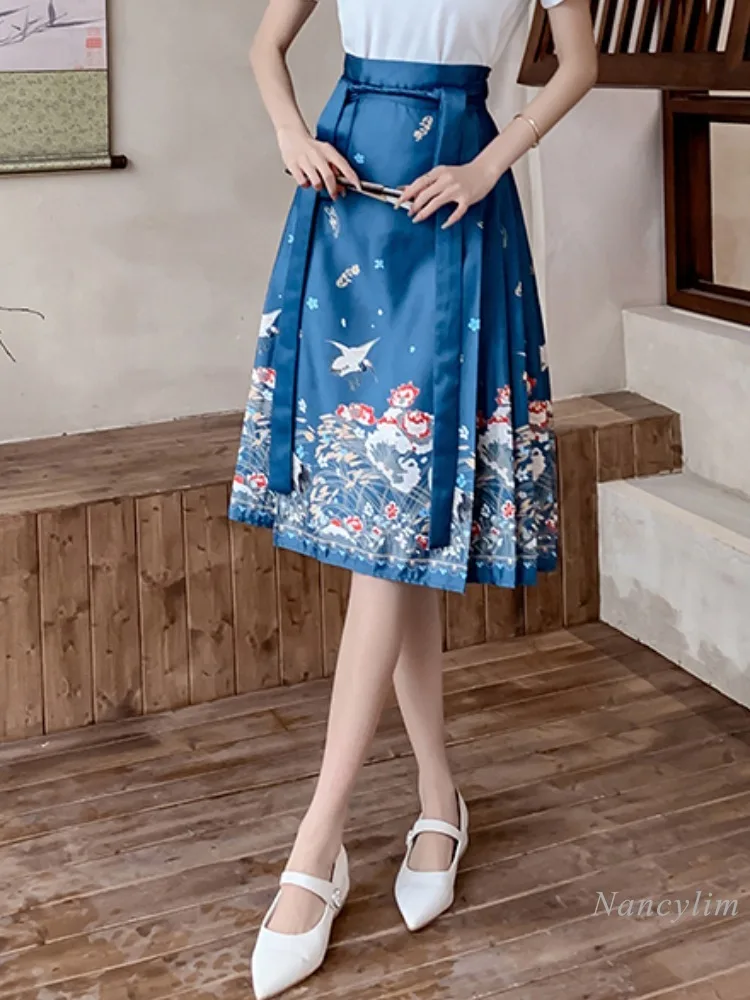 New Chinese Style Horse-Face Skirt Women's Hanfu 2024 Summer Female Cool Street Print Skirts