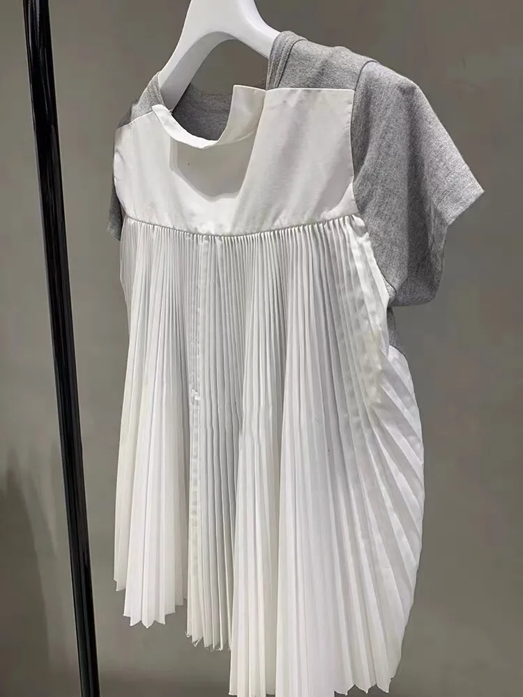 SAC short-sleeved new solid color loose back pleated splicing T-shirt