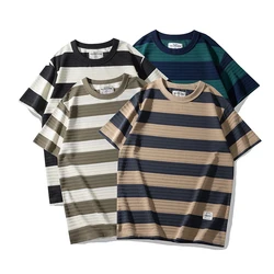 Ok4113 Summer Handsome Youth Classical Striped Round Neck Loose T-Shirts For Man And Women Loose Casual Short Sleeved Pullovers