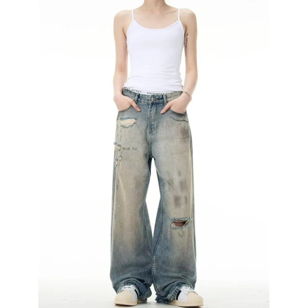 

Retro Waed Distred Straight Leg Jeans Men's Autumn Slimming Drapey Micro Flared Floor-Length Pants Cotton Polyester