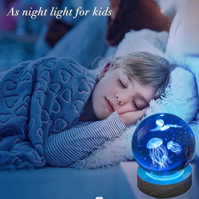 3D Jellyfish Laser engraved crystal ball LED night light, birthday girlfriend classmate wife children christmas day gift