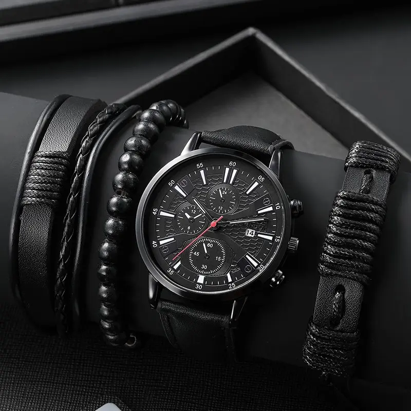 4pcs Black Round Quartz Watch With PU Leather Bracelet Men Nylon Business Watch Fashion Casual For Daily Sports