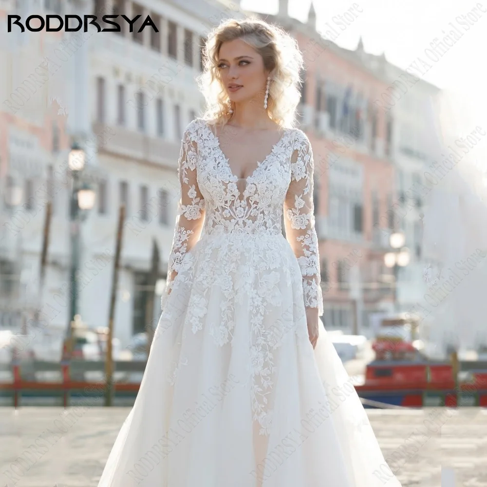 RODDRSY Romatic Wedding Dresses For Woman Long Sleevess Illusion Back Bride Gowns Lace Applique A-Line vestido de noiva 2024