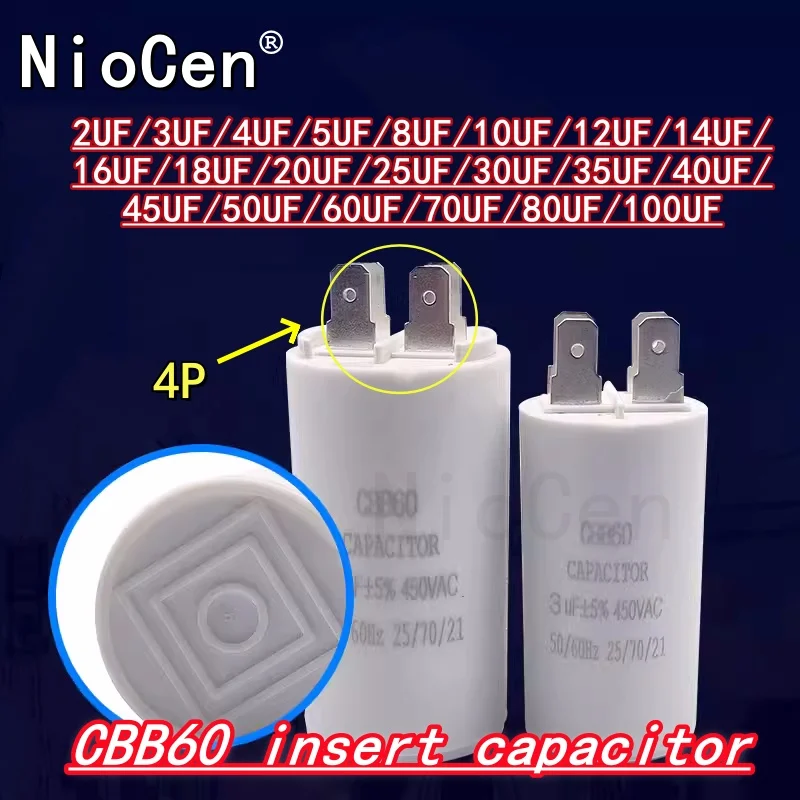 Capacitor da inserção CBB60, 450V, 2UF, 3UF, 4UF, 5UF, 8UF, 10UF, 12UF, 14UF, 16UF, 18UF, 20UF, 25UF 30 35 40 45 50 60 70 80 100uf