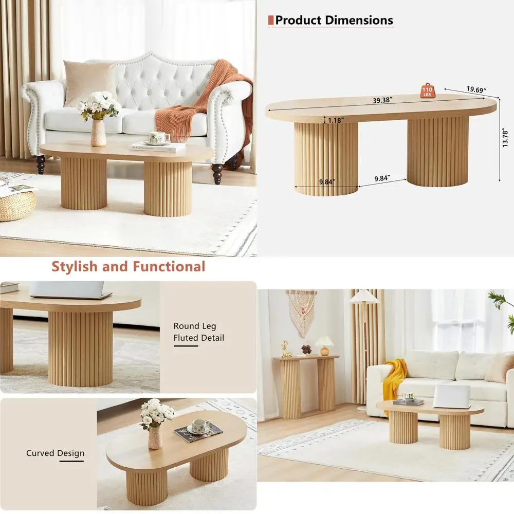 طاولة قهوة بيضاوية عصرية من Boho Chic لغرفة المعيشة، طاولة مركزية خشبية منحنية بأرجل مستديرة، مثالية لـ Bohemian Inte #1
