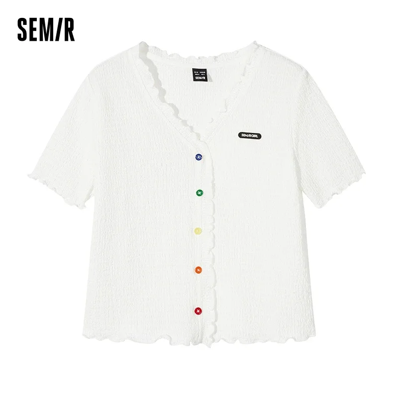 Semir 2024 Short-Sleeved T-Shirt Women Short Textured Earrings Summer New Tight Knitted Cardigan Coat Tops