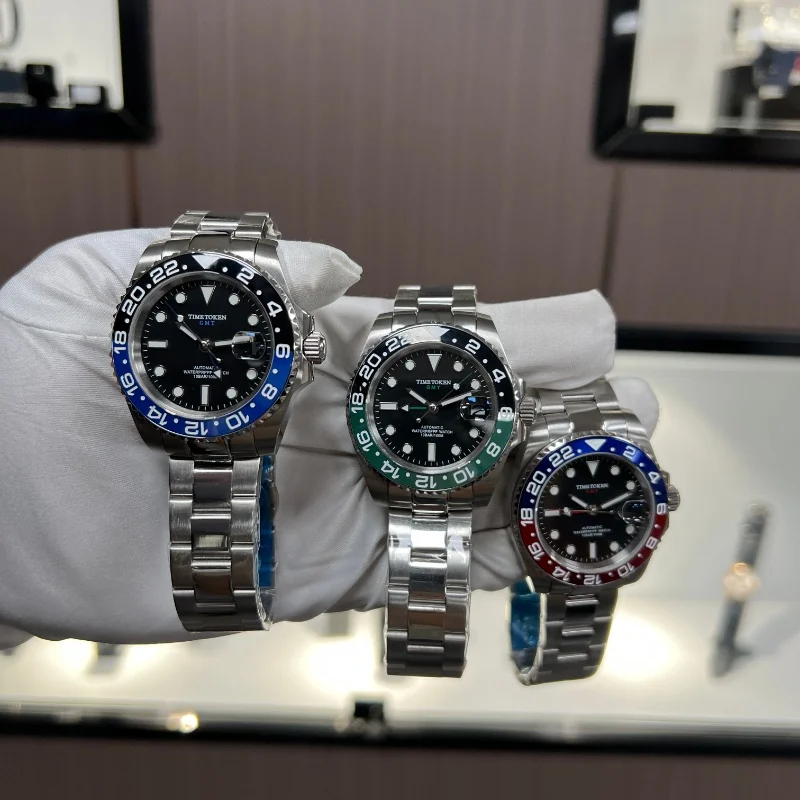 TIME TOKEN Men's Mechanical Watch - Luxury Ceramic Bezel Automatic GMT 10bar Waterproof Sapphire Glass New Design