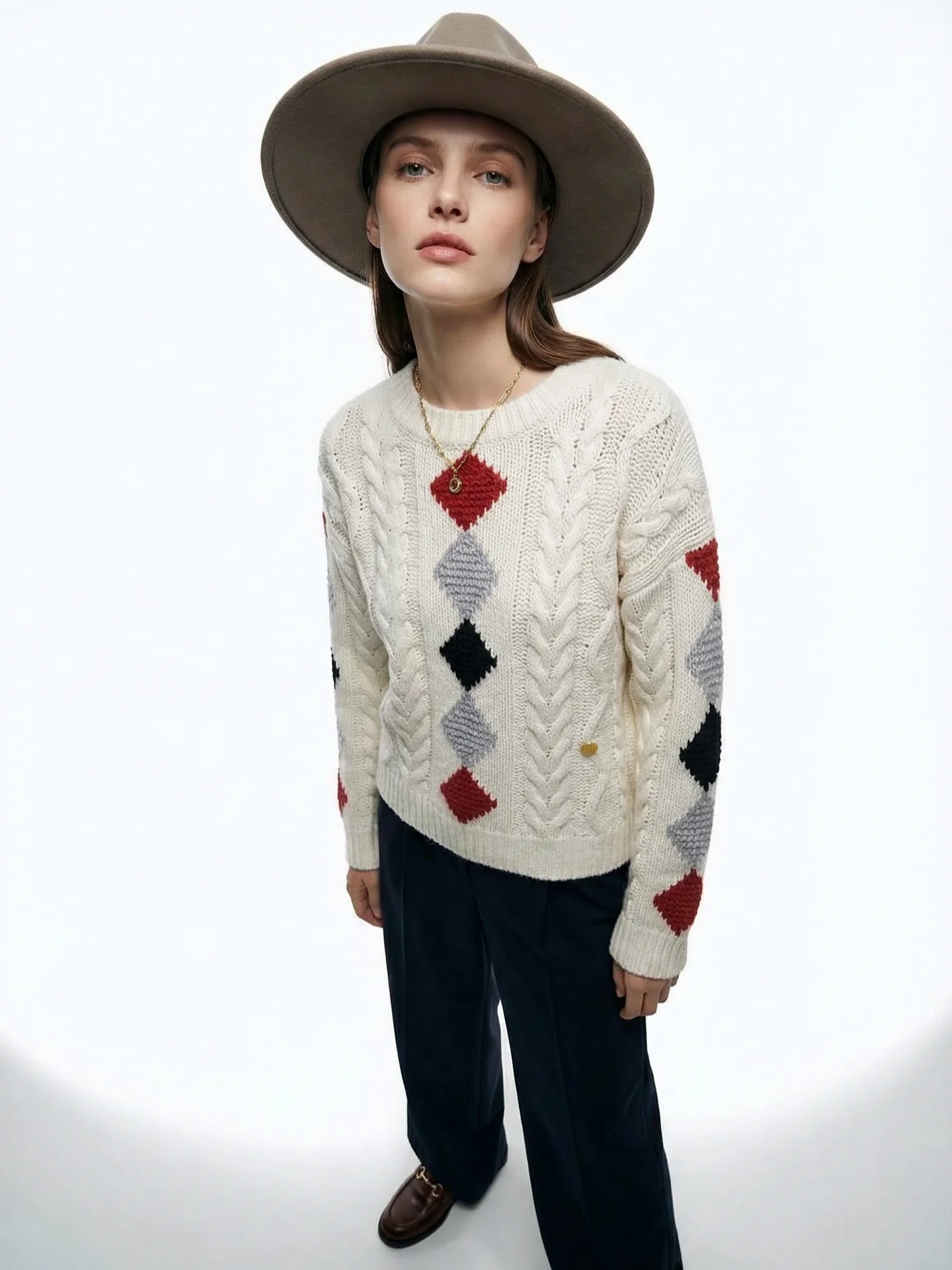 

Вязаный свитер свободного кроя BW Civibe, винтажный узор «ромб», мягкий бежевый, для повседневной носки