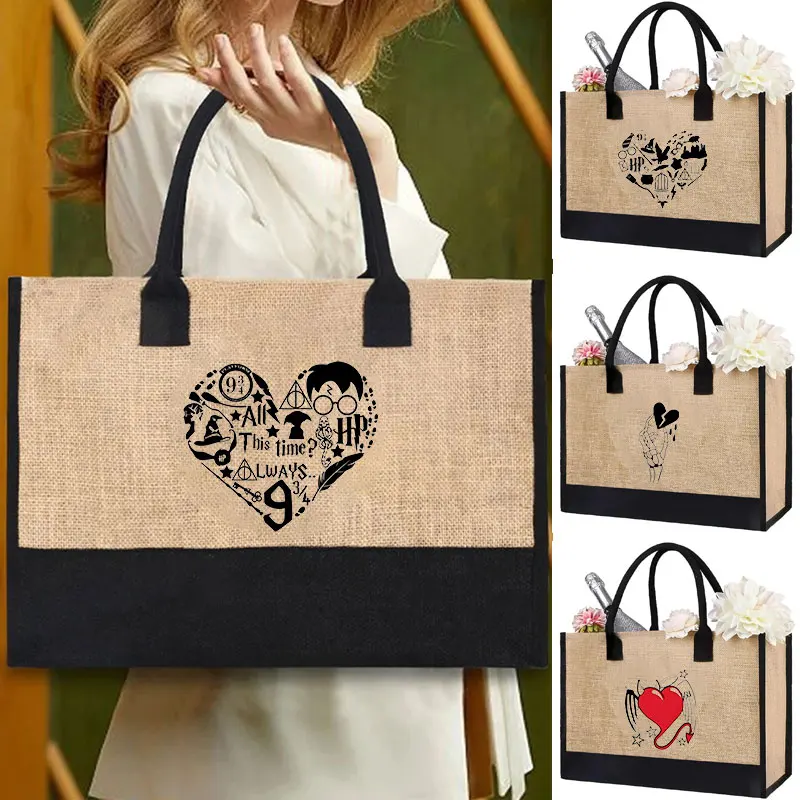 Love pattern design linen bag can hold lunch boxes, bento boxes, eco-friendly shopping,travel bags,women's canvas bags,gift bags