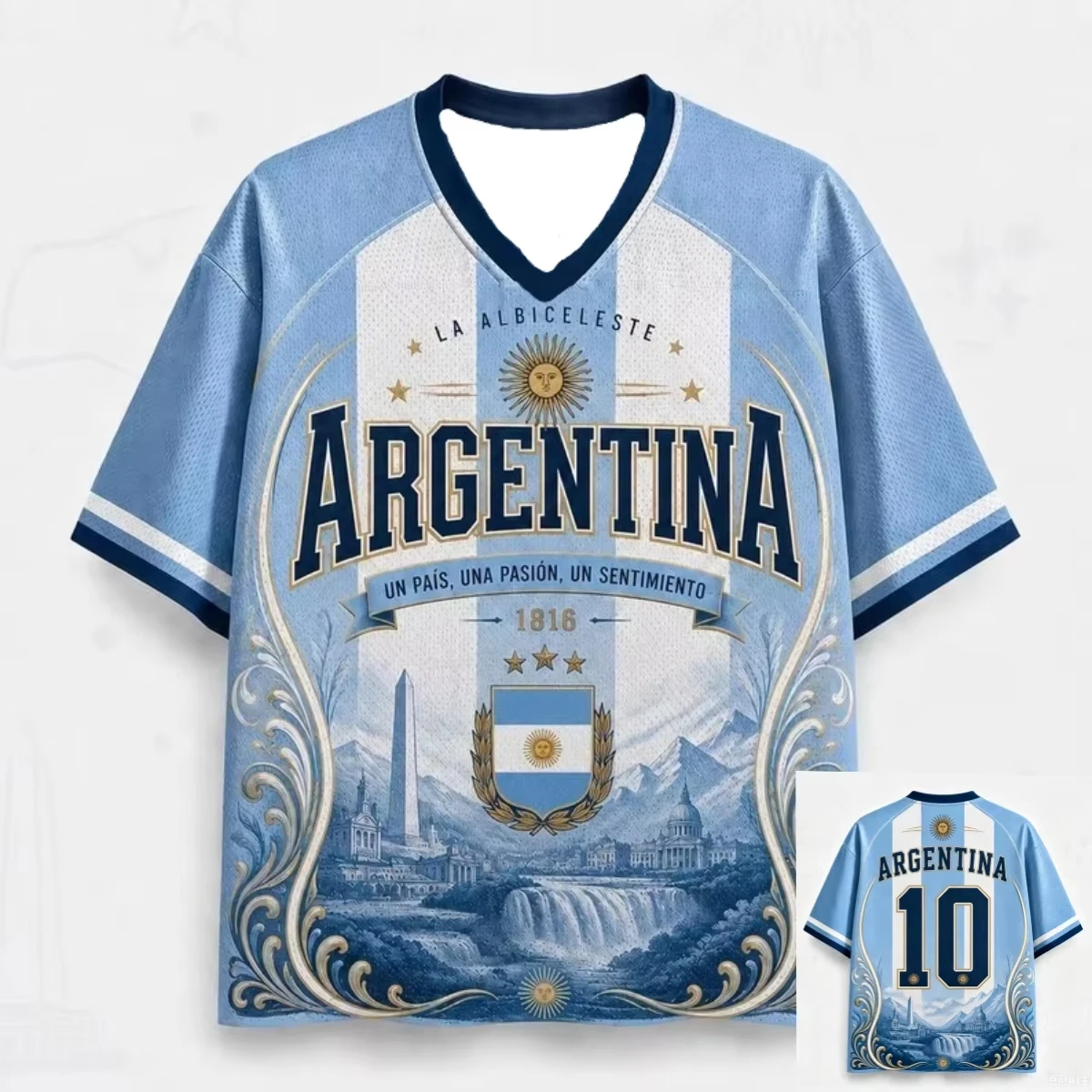3D Print Argentina Sun of May Iguazu Falls Obelisk National Flag No.10 Retro V Neck Albiceleste Football Fan Sports T-Shirt