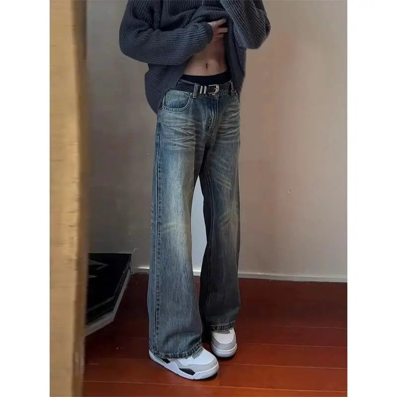 

Мужские джинсы-клеш в стиле ретро с эффектом потертости, прямые, модные, из смесового хлопка и полиэстера, всесезонные, износостойкие