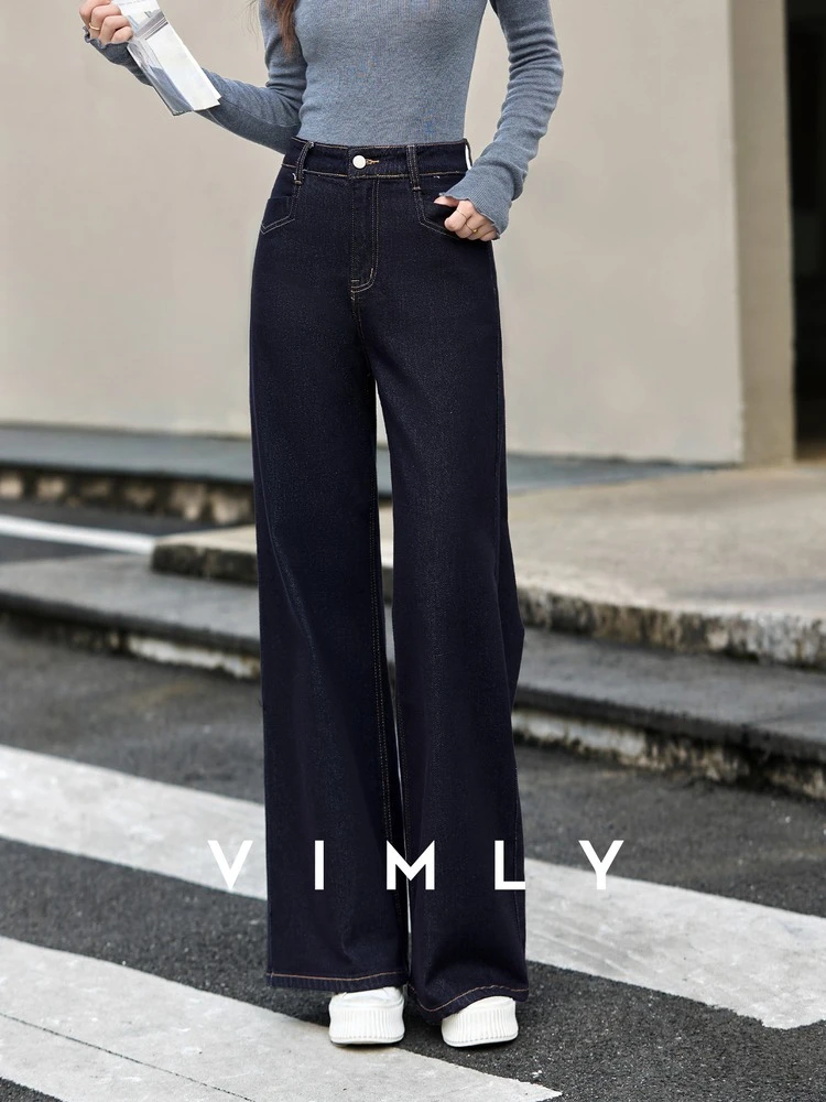 

VIMLY Women Black Denim Pants Casual 2025 Winter Slim Wide Leg Jeans Pants for Woman Elegant Zip Up Long Ladies Trousers 30300
