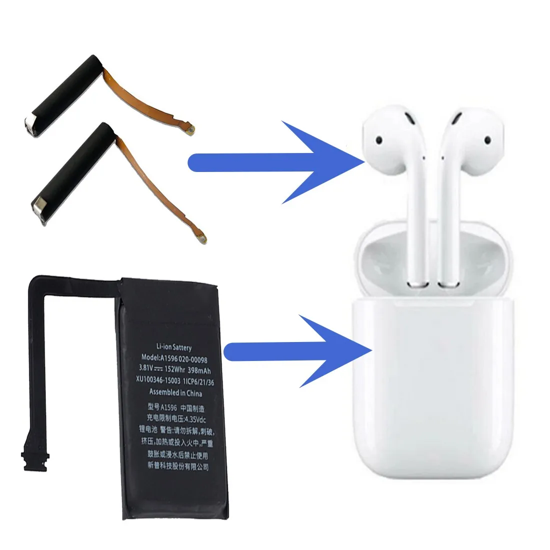 Replace Battery For Airpods 1st 2nd 3nd A1604 A1523 A1722 A2032 A2031 Air Pods 1 Air Pods 2 3 Replaceable Battery GOKY93mWhA1604