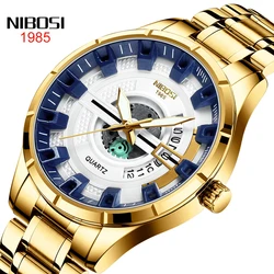 NIBOSI New Fashion Men Quartz Watch Gold Stainless Steel Strap Waterproof Luminous Calendar Watches Mens Clock Relogio Masculino