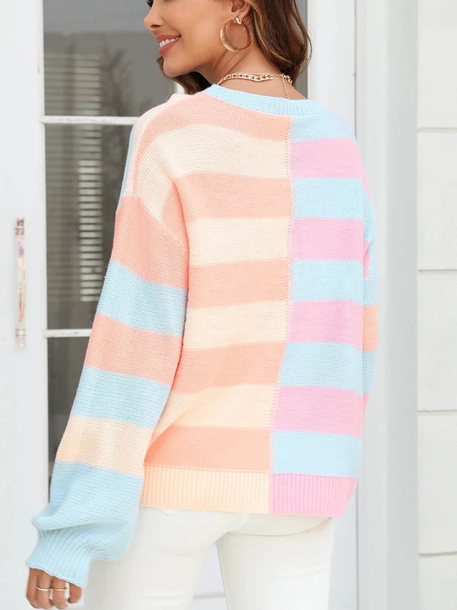 

Striped Color Block Knit Long Sleeve Crewneck Pullover Sweater Warm Sweatshirt Tops