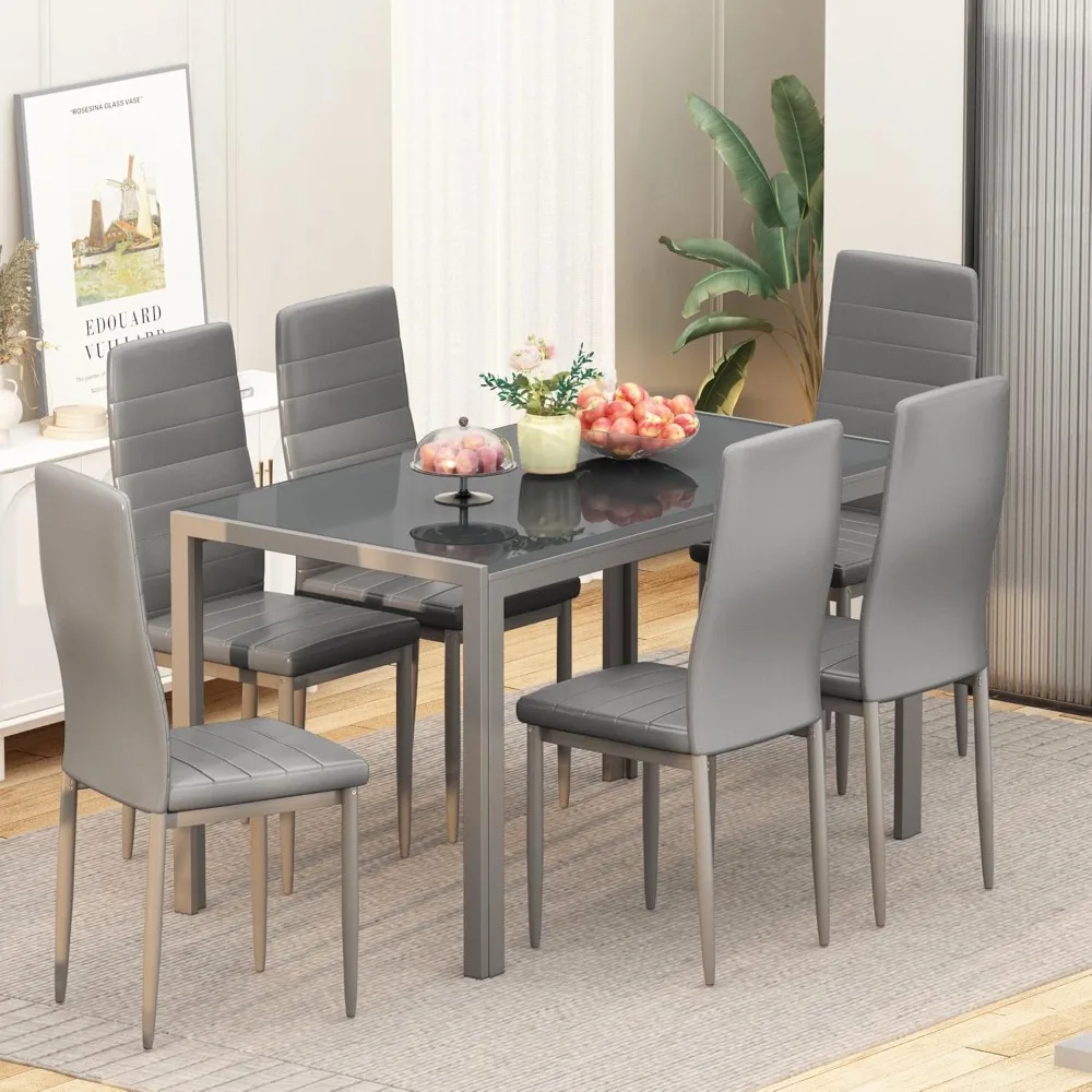 Cocina de 7 piezas para 6 personas, mesa de vidrio templado y sillas de cuero PU, juegos de comedor modernos para espacios pequeños, gris