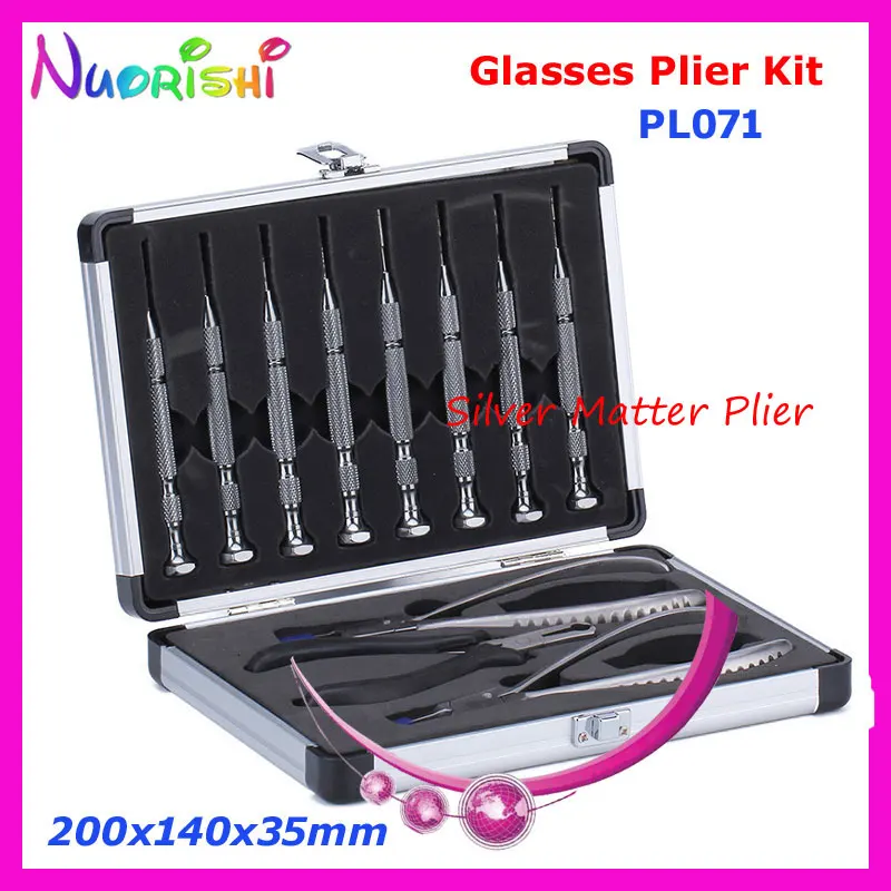 

Rimless Glasses Repairing Tool Kit Set Silver Matter 3 Pliers 8 Screwdrivers PL071