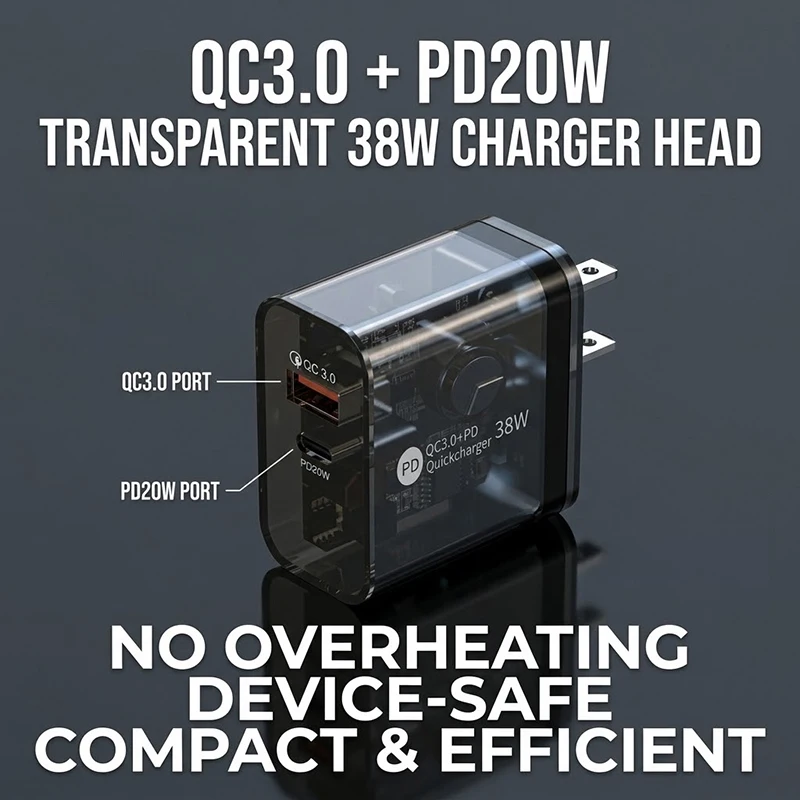 Transparent 38W Dual Port Power Adapter EU Plug QC3.0 PD20W Rapid Fast Charger Translucent Charging Head Multiple Protections