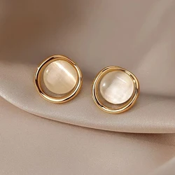 Korean Design Opal Round Stud Earring for Women Temperament Sweet Geometry Jewelry Wholesale Christmas Girlfriend Gift
