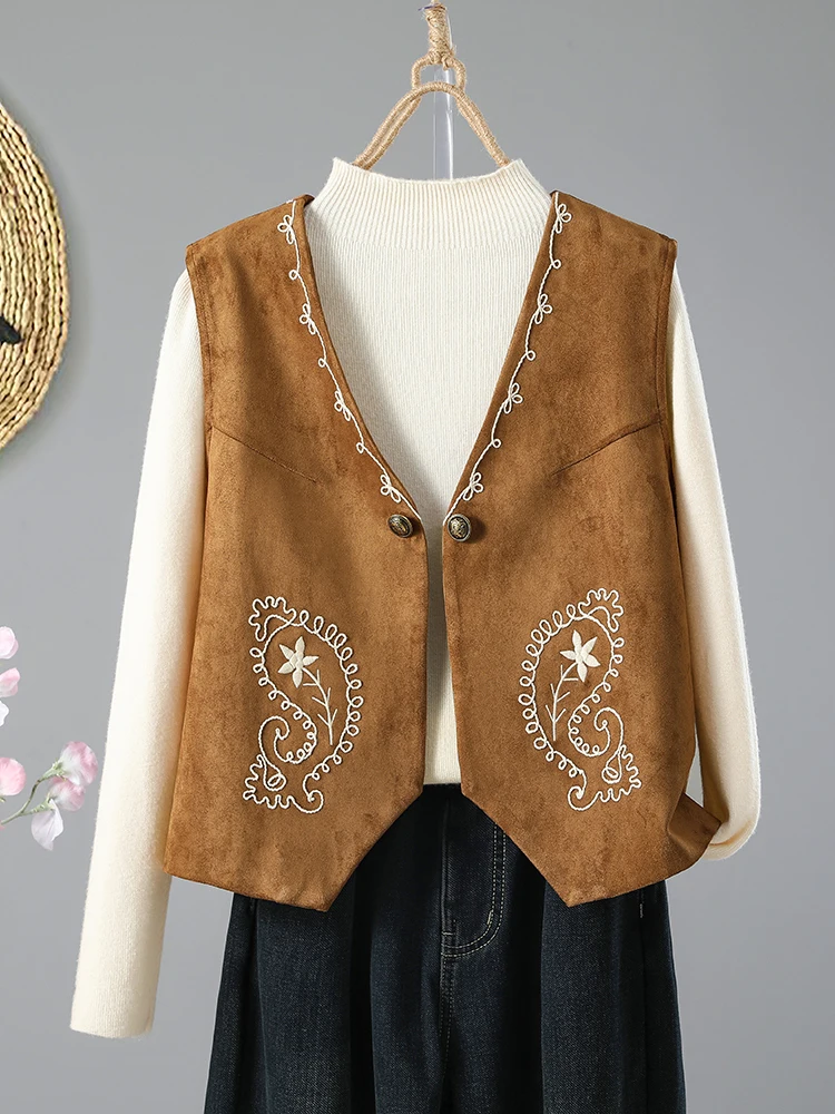 Retro Deer Skin Velvet Embroidered Vest Women's Small Size Layering V-neck Sleeveless Shoulder Pad Top Ethnic Style