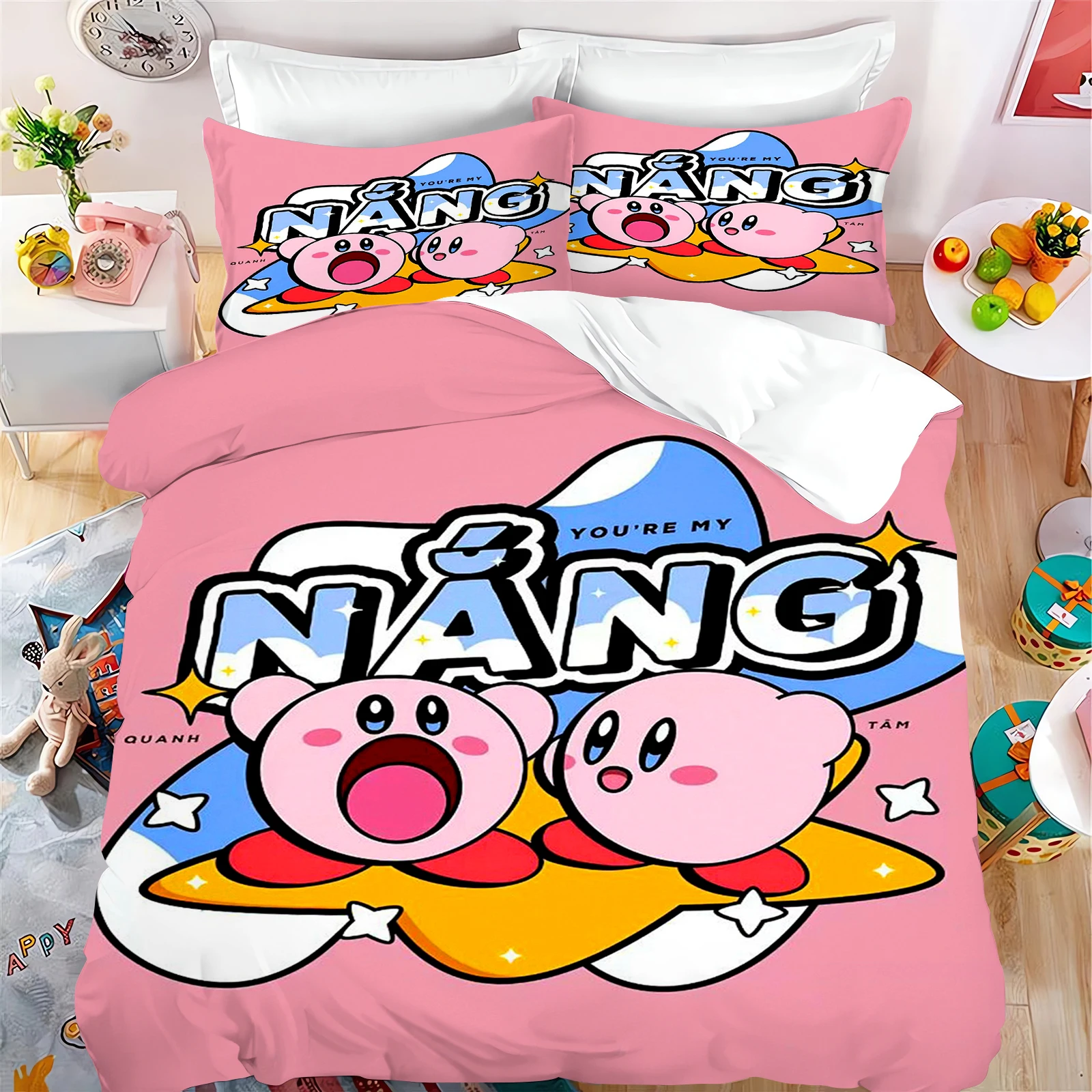 Kirby Duvet Cover Cartoon Sanrio Full Cute Children's Bedroom 100% Polyester Adult Gift 2/3pcs Bedding Set