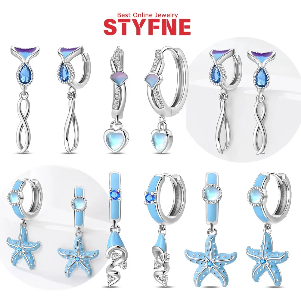 

Hoop Earrings 925 Silver Blue Series Ocean Earrings Fishtail Shell Starfish Hoop Earrings for Woman Party Wedding Jewelry Gift