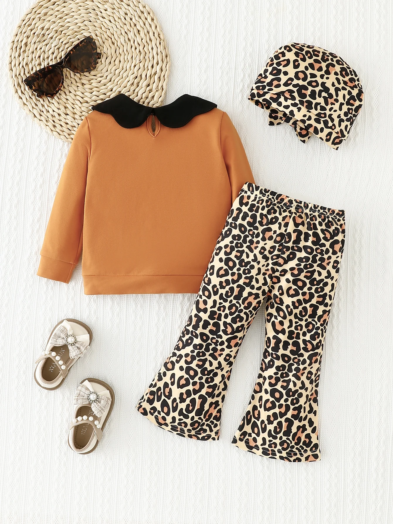 Baby Girl Casual Spring Autumn Long Sleeve Doll Collar Leopard Print Bell Bottom Pants And Hat Set