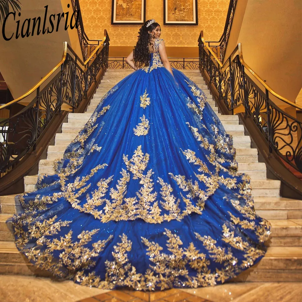 Vestido De baile De princesa azul real brillante, quinceañera, apliques, escote Corazón, lentejuelas, 15 Años, Gala, 2023