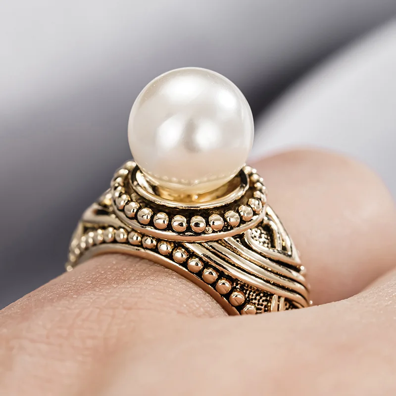 High End New Retro Wax Inlaid Pearl Ring for Female Actress Ya Attending Banquet with Adjustable Opening As A First Accessory