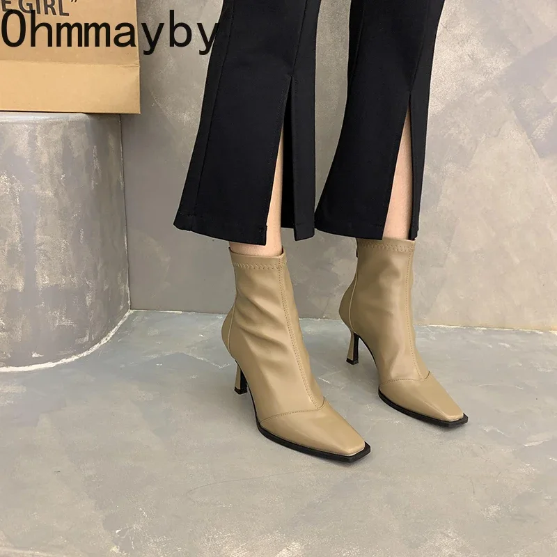 Stivaletti slim elasticizzati da donna con tacco alto Stivaletti corti eleganti con punta quadrata alla moda Autunno Inverno Laides Scarpe in pile