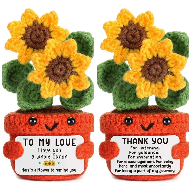 

Sunflower Emotional Support Handmade Crochet Potted Plant Flower with Positive Card Office Bookshelf Living Room Decoration Gift